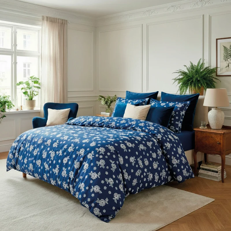 Taie d'oreiller satin de coton - Blossom Bleu foncé