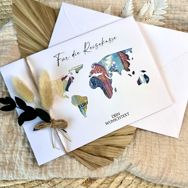 Personalisierte Geldgeschenk Karte Reisegutschein I Weltkarte | Geburtstagsgeschenk Reise | Hochzeitsgeschenk I Geschenk zur Hochzeit I persönliches Geschenk | Geld verschenken