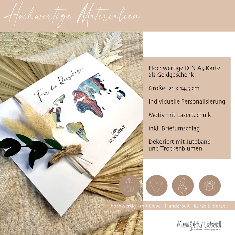 Personalisierte Geldgeschenk Karte Reisegutschein I Weltkarte | Geburtstagsgeschenk Reise | Hochzeitsgeschenk I Geschenk zur Hochzeit I persönliches Geschenk | Geld verschenken