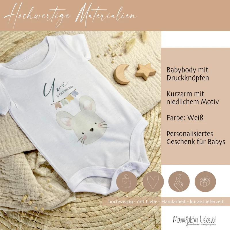 Personalisierter Babybody, Babygeschenk zur Geburt, Größe: 50/56, Motiv: Hase