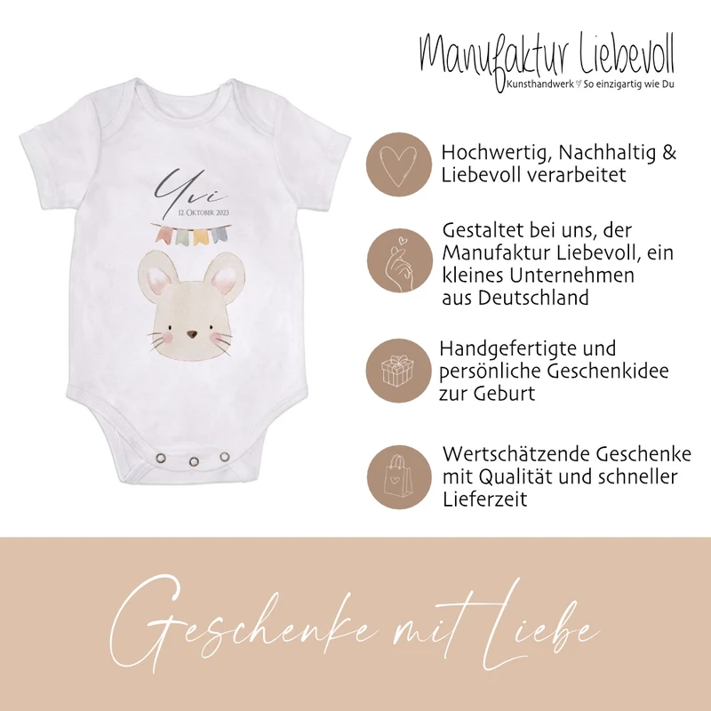Personalisierter Babybody, Babygeschenk zur Geburt, Größe: 50/56, Motiv: Hase