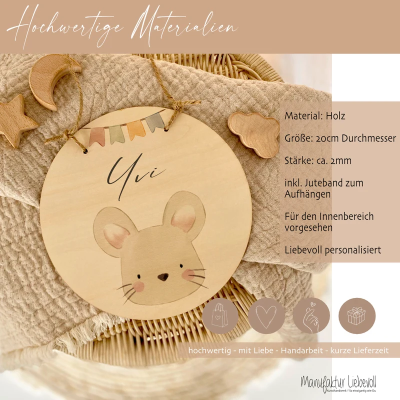 Personalisiertes Türschild aus Holz für das Kinderzimmer, Motiv: Maus