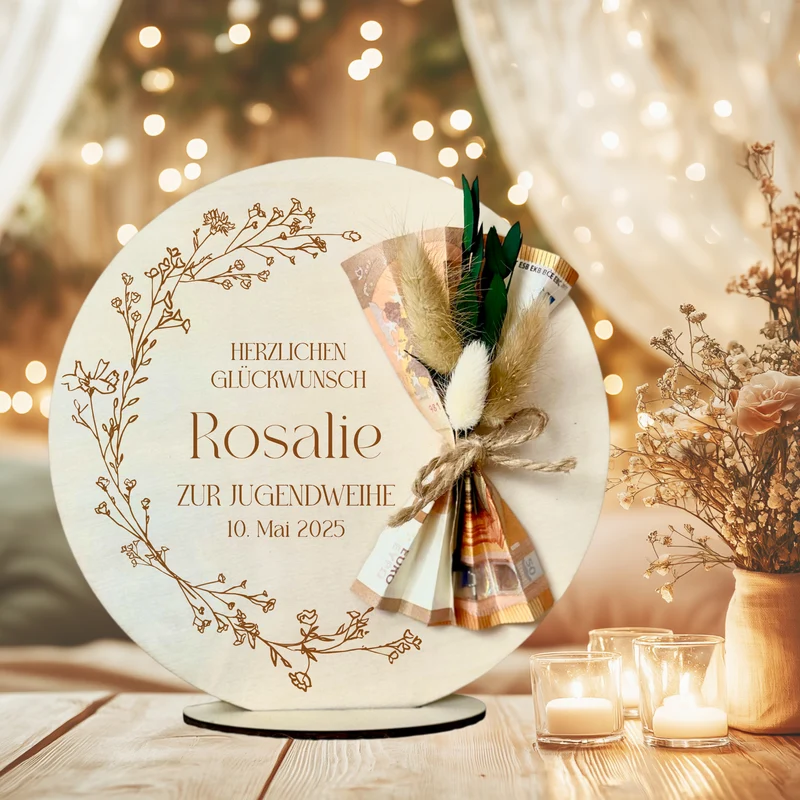Personalisiertes Geldgeschenk aus Holz zur Konfirmation mit Name Kommunion Geschenk Jugendweihe Geld Geschenk Firmung für Mädchen u. Jungen
