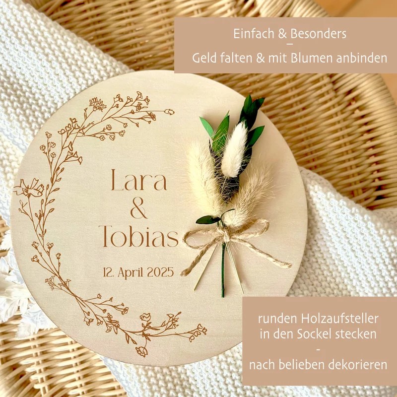 Personalisiertes Hochzeitsgeschenk Geld Geschenk aus Holz zur Hochzeit Geldgeschenk mit Namen u. Datum, Geschenk Hochzeit Tisch Deko Boho