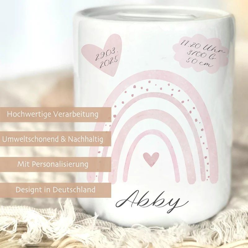Spardose Regenbogen für Babys, personalisiert mit Namen und Geburtsdaten