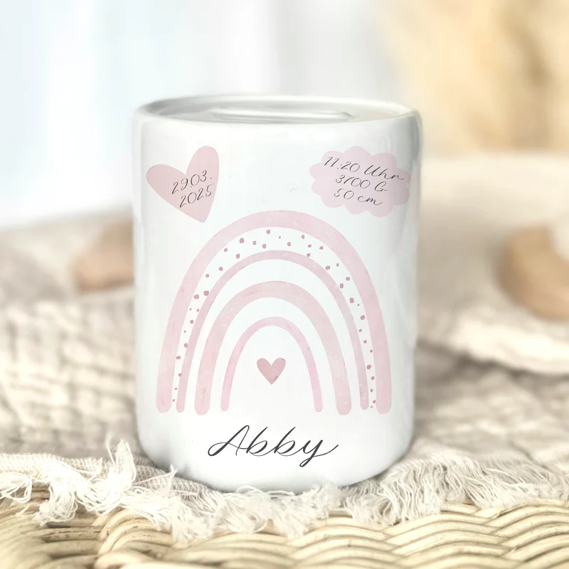 Spardose Regenbogen für Babys, personalisiert mit Namen und Geburtsdaten