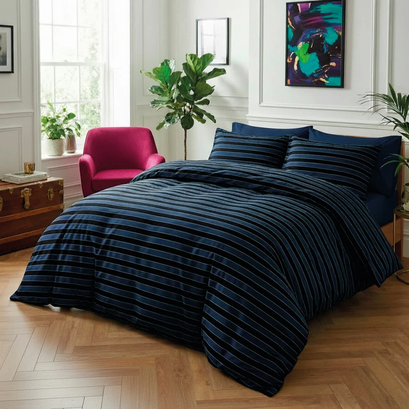 Housse de couette + taie(s) d'oreiller satin de coton - Eclipse bleu foncé