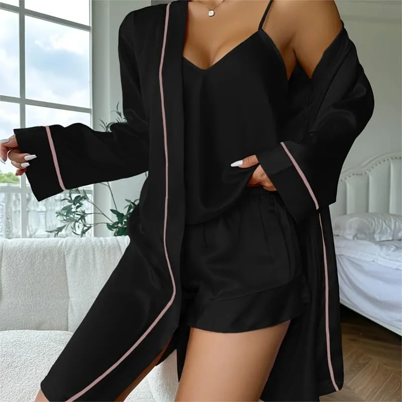 Elegent Womens Silk Satin Black Trim Lingerie Set