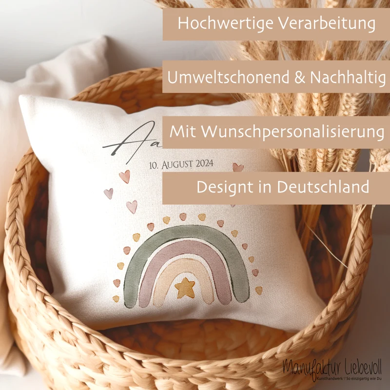 Kissen zur Geburt u. Taufe mit Namen u. Geburtsdaten, Motiv: Regenbogen
