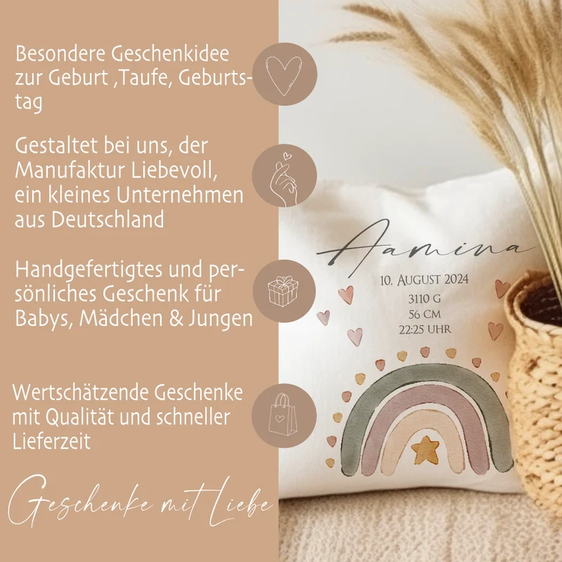 Kissen zur Geburt u. Taufe mit Namen u. Geburtsdaten, Motiv: Regenbogen