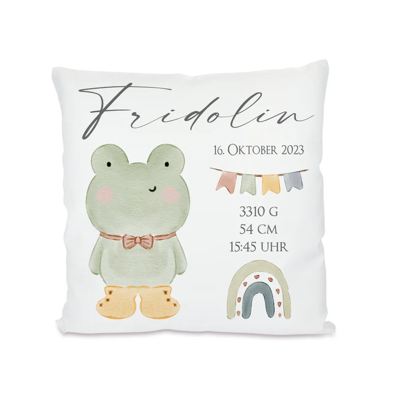 Personalisiertes Babygeschenk, Kissen zur Geburt mit Geburtsdaten, Motiv: Frosch