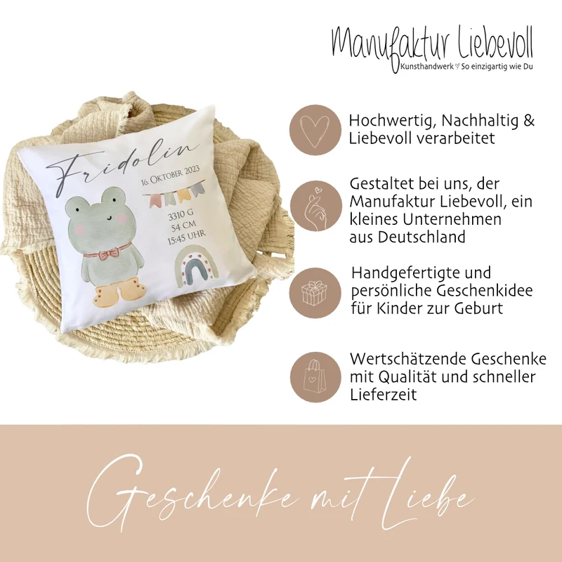 Personalisiertes Babygeschenk, Kissen zur Geburt mit Geburtsdaten, Motiv: Frosch