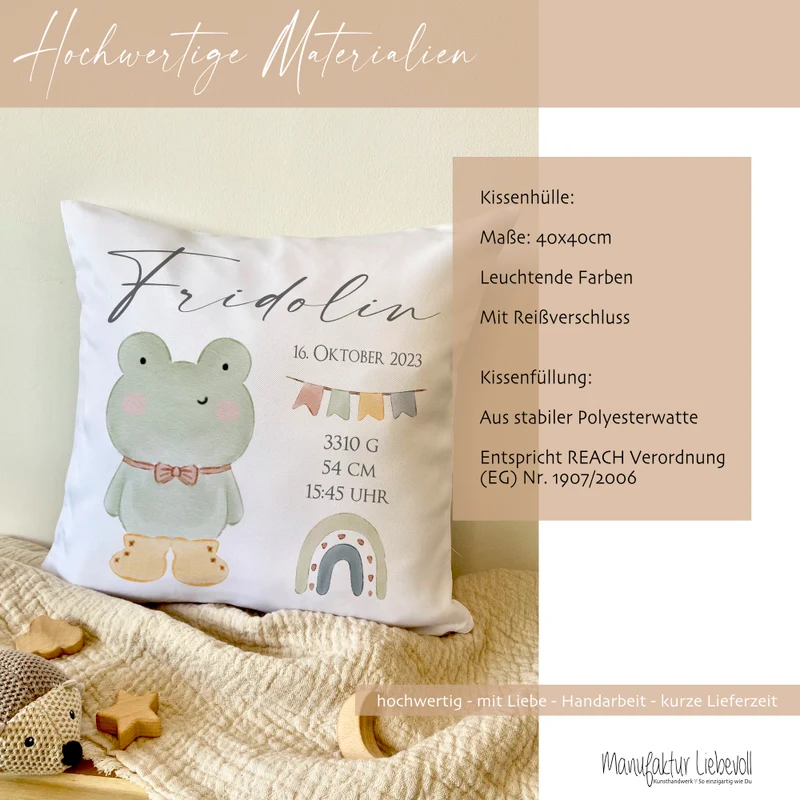 Personalisiertes Babygeschenk, Kissen zur Geburt mit Geburtsdaten, Motiv: Frosch
