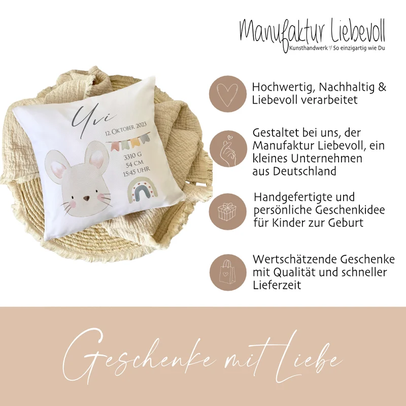 Babykissen für Neugeborene zur Geburt mit Geburtsdaten und Namen, Motiv: Maus