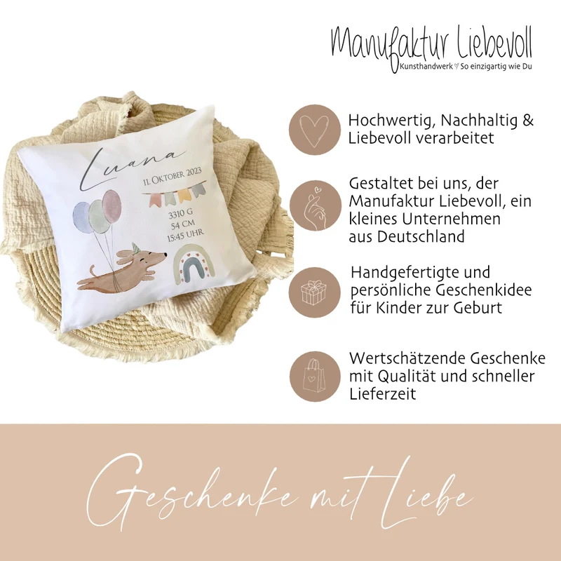 Namenskissen für Babys mit Geburtsdaten, Motiv: Hund