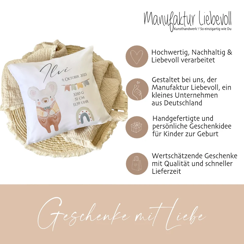Personalisiertes Kissen für Babys mit Geburtsdaten, Motiv: Maus