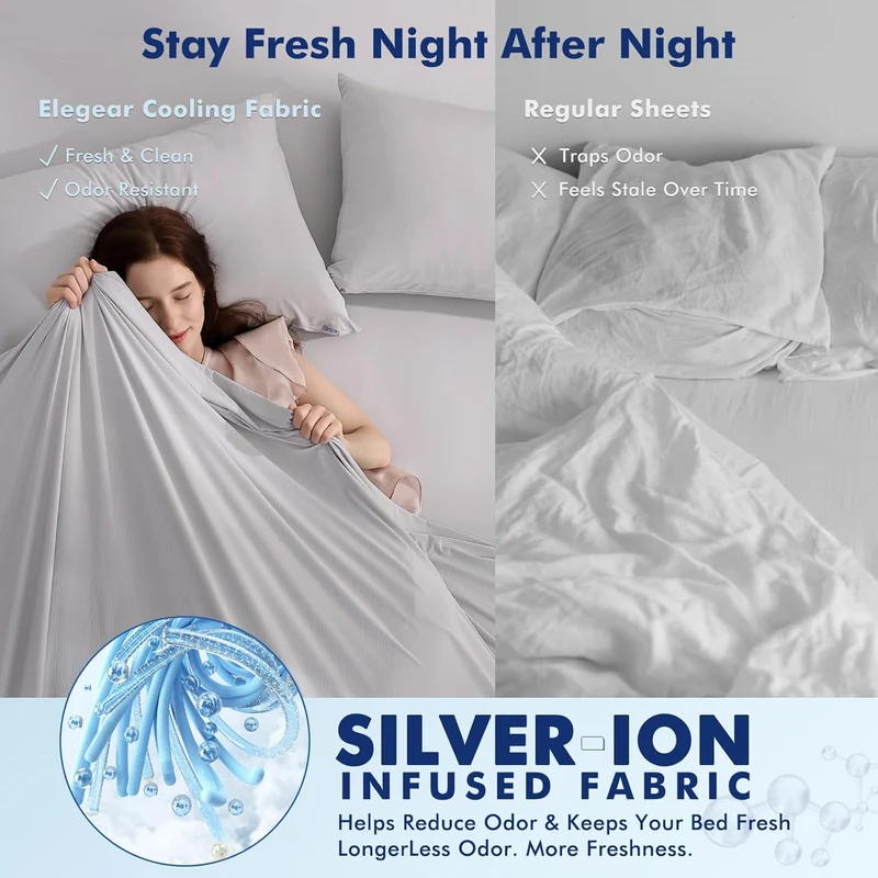 Elegear Silver-Infused Cooling Sheets – Breathable & Fresh Bedding for Hot Sleepers, King Size 4-Piece Set
