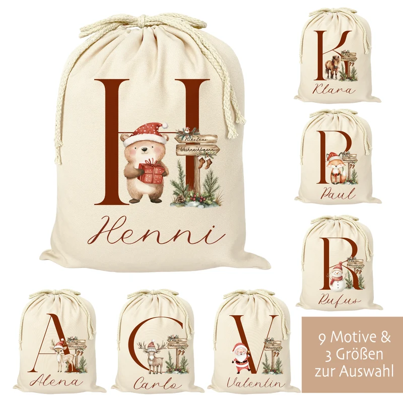 Nikolaus Geschenkbeutel Name Buchstabe personalisiert Weihnachtssack Weihnachten Geschenk Kinder mit Name I 9 Varianten & 3 Größen