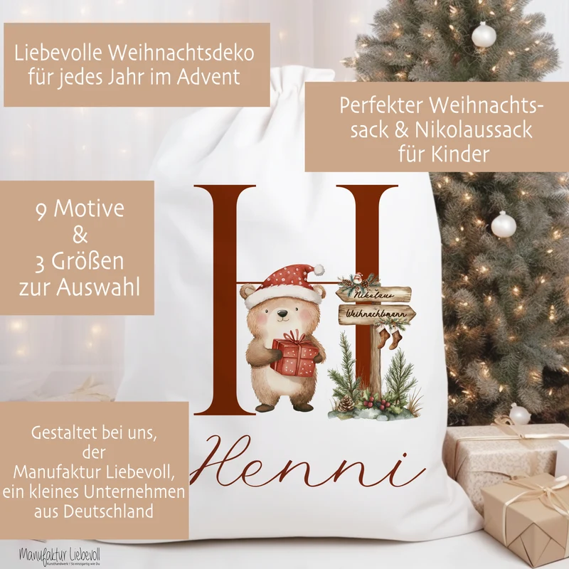 Nikolaus Geschenkbeutel Name Buchstabe personalisiert Weihnachtssack Weihnachten Geschenk Kinder mit Name I 9 Varianten & 3 Größen
