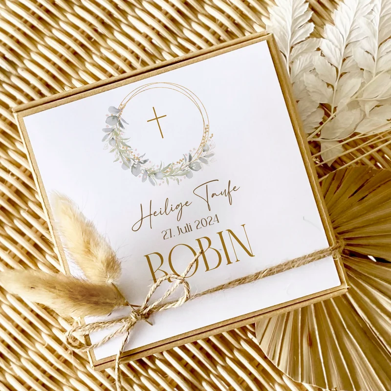 Geschenkschachtel Taufkarte Eukalyptus mit Namen für Mädchen und Jungen, Taufgeschenk Babygeschenke Geldgeschenk zur Taufe inkl. Jutebeutel I Manufaktur Liebevoll