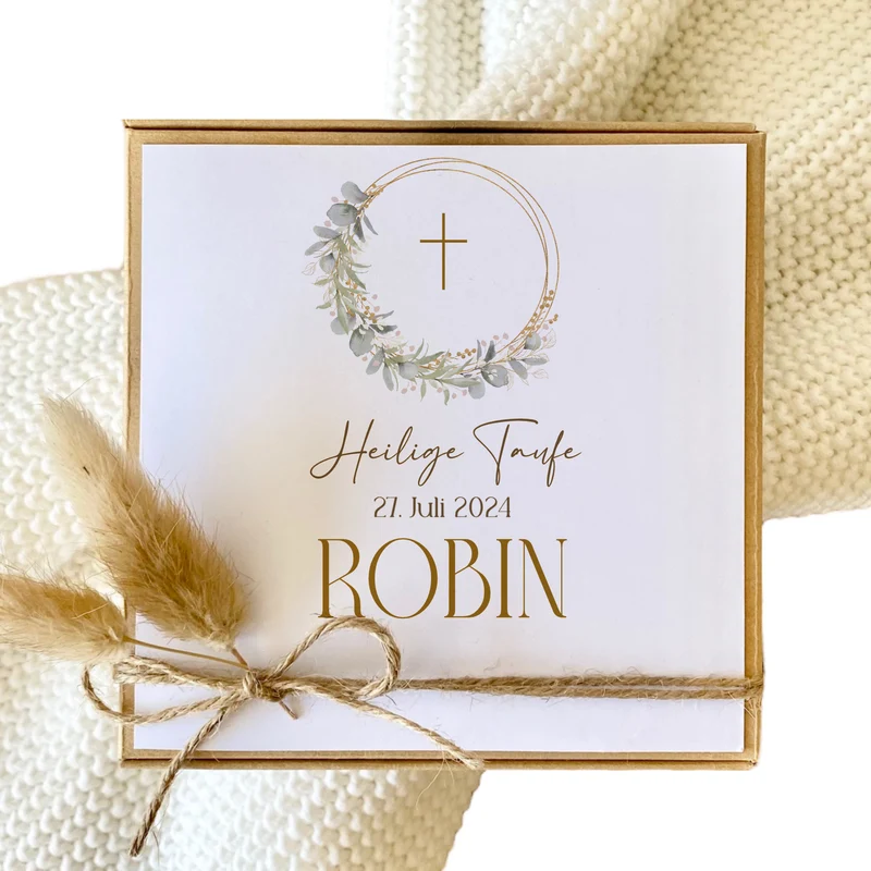 Geschenkschachtel Taufkarte Eukalyptus mit Namen für Mädchen und Jungen, Taufgeschenk Babygeschenke Geldgeschenk zur Taufe inkl. Jutebeutel I Manufaktur Liebevoll