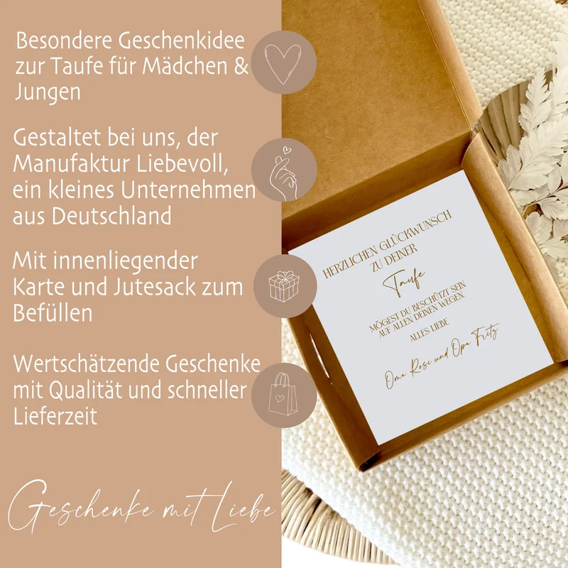 Geschenkschachtel Taufkarte Eukalyptus mit Namen für Mädchen und Jungen, Taufgeschenk Babygeschenke Geldgeschenk zur Taufe inkl. Jutebeutel I Manufaktur Liebevoll