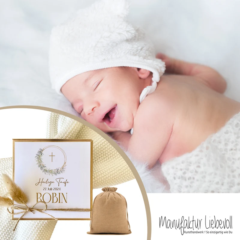 Geschenkschachtel Taufkarte Eukalyptus mit Namen für Mädchen und Jungen, Taufgeschenk Babygeschenke Geldgeschenk zur Taufe inkl. Jutebeutel I Manufaktur Liebevoll