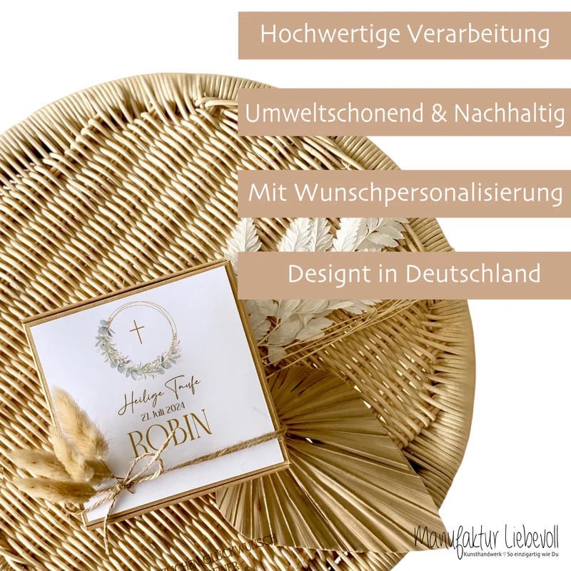 Geschenkschachtel Taufkarte Eukalyptus mit Namen für Mädchen und Jungen, Taufgeschenk Babygeschenke Geldgeschenk zur Taufe inkl. Jutebeutel I Manufaktur Liebevoll