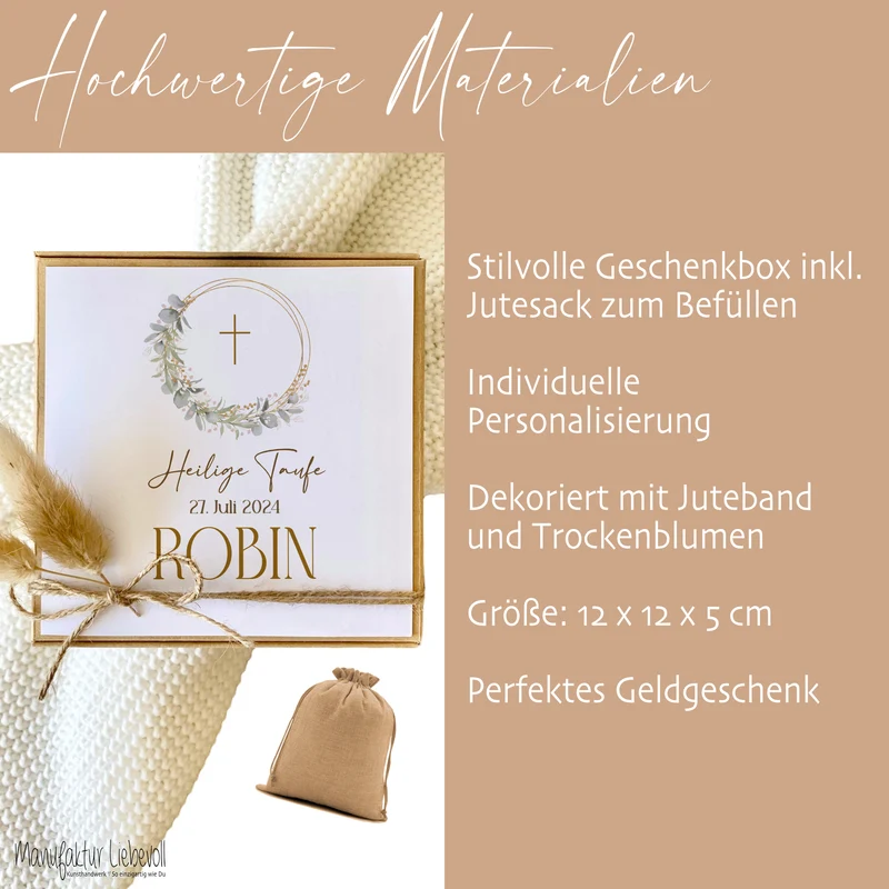 Geschenkschachtel Taufkarte Eukalyptus mit Namen für Mädchen und Jungen, Taufgeschenk Babygeschenke Geldgeschenk zur Taufe inkl. Jutebeutel I Manufaktur Liebevoll