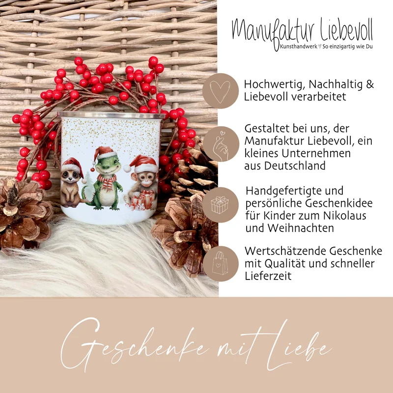 Weihnachtstasse "Tiere" für Kinder | Tasse mit Namen personalisiert | Kinderbecher aus Emaille mit Weihnachtsmotiv | Weihnachtsgeschenk Nikolaus für Mädchen Jungen Teenager | 7 Produktvarianten zur Auswahl