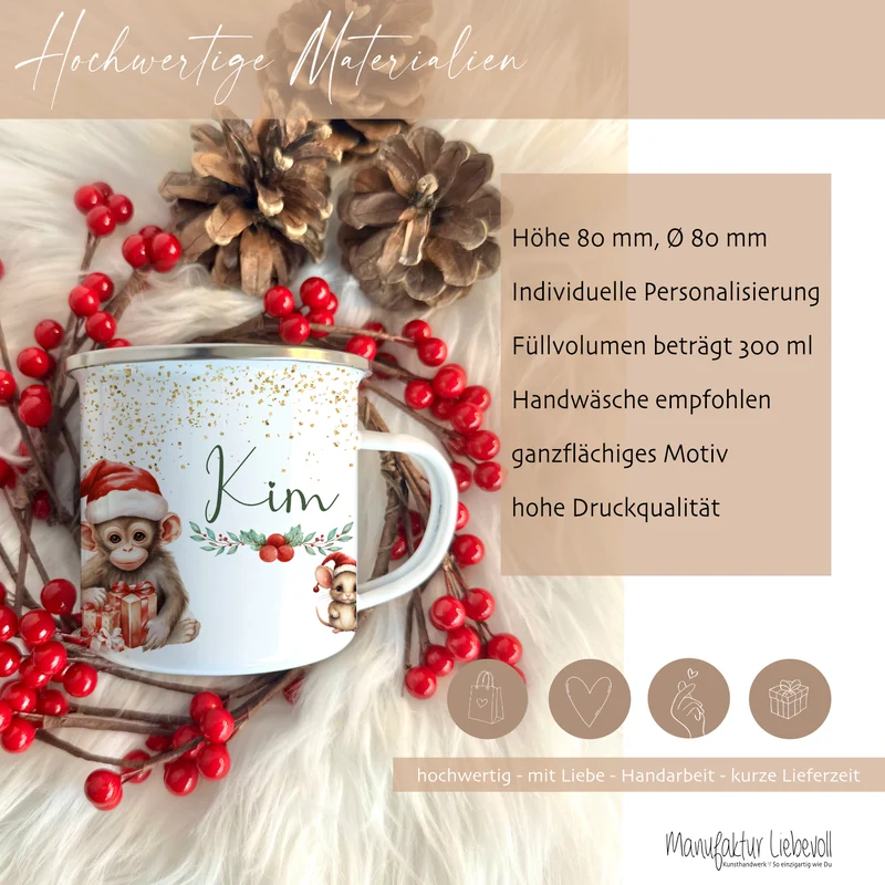 Weihnachtstasse "Tiere" für Kinder | Tasse mit Namen personalisiert | Kinderbecher aus Emaille mit Weihnachtsmotiv | Weihnachtsgeschenk Nikolaus für Mädchen Jungen Teenager | 7 Produktvarianten zur Auswahl