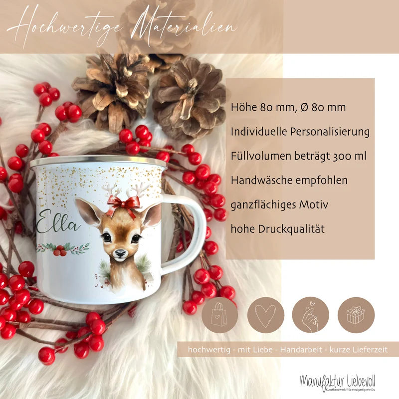 Kinder Weihnachtstasse "Rehkitz" | Tasse mit Namen personalisiert | Kinderbecher aus Emaille mit Weihnachtsmotiv "Pony" | Weihnachtsgeschenk Nikolaus für Mädchen | 7 Produktvarianten zur Auswahl