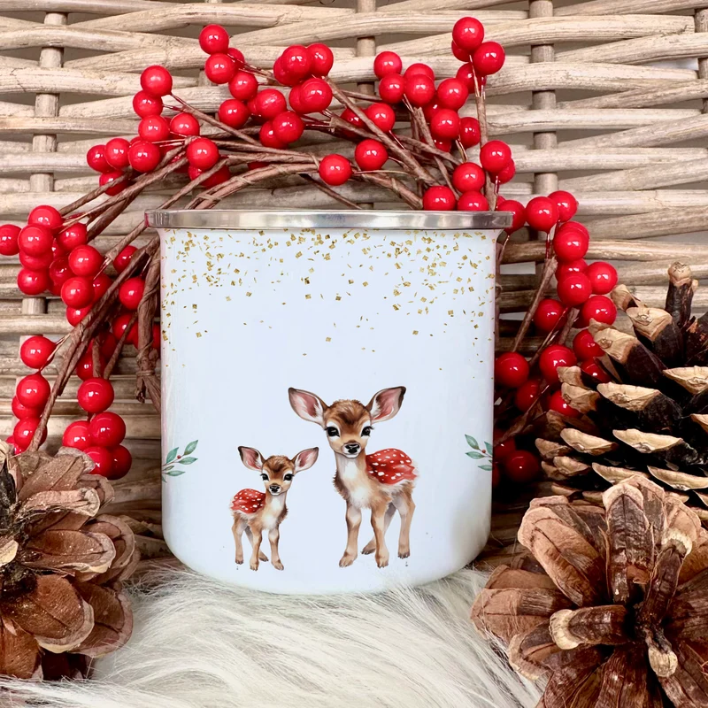 Kinder Weihnachtstasse "Rehkitz" | Tasse mit Namen personalisiert | Kinderbecher aus Emaille mit Weihnachtsmotiv "Pony" | Weihnachtsgeschenk Nikolaus für Mädchen | 7 Produktvarianten zur Auswahl