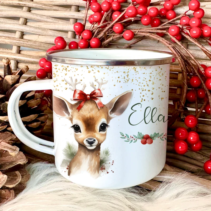 Kinder Weihnachtstasse "Rehkitz" | Tasse mit Namen personalisiert | Kinderbecher aus Emaille mit Weihnachtsmotiv "Pony" | Weihnachtsgeschenk Nikolaus für Mädchen | 7 Produktvarianten zur Auswahl