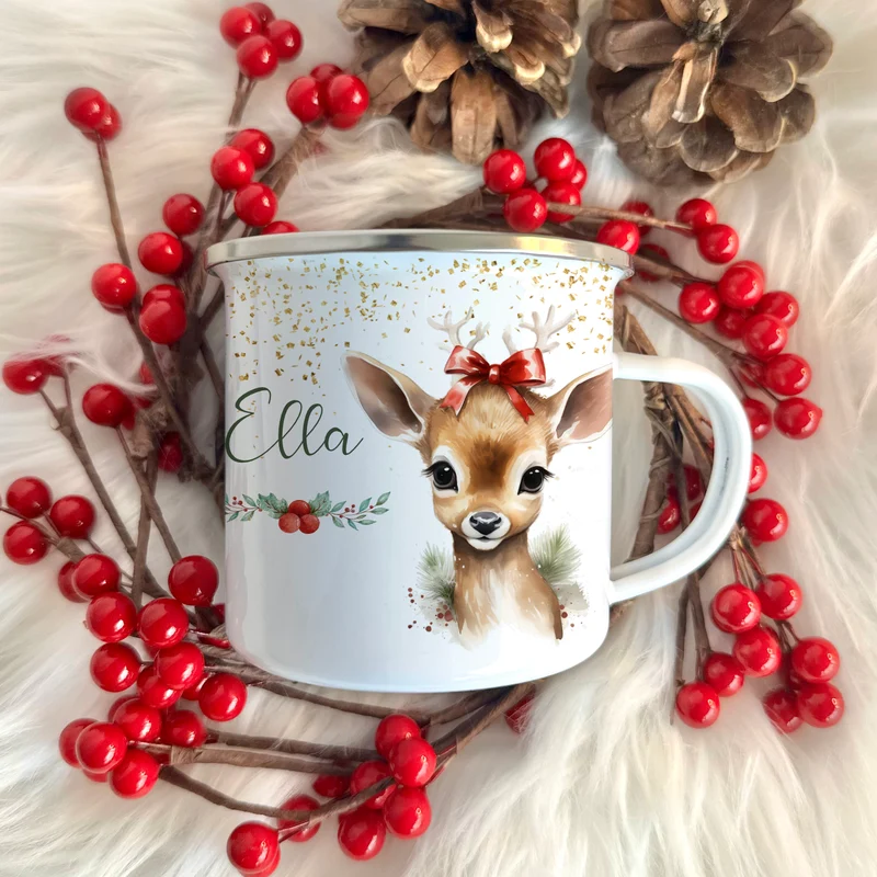 Kinder Weihnachtstasse "Rehkitz" | Tasse mit Namen personalisiert | Kinderbecher aus Emaille mit Weihnachtsmotiv "Pony" | Weihnachtsgeschenk Nikolaus für Mädchen | 7 Produktvarianten zur Auswahl