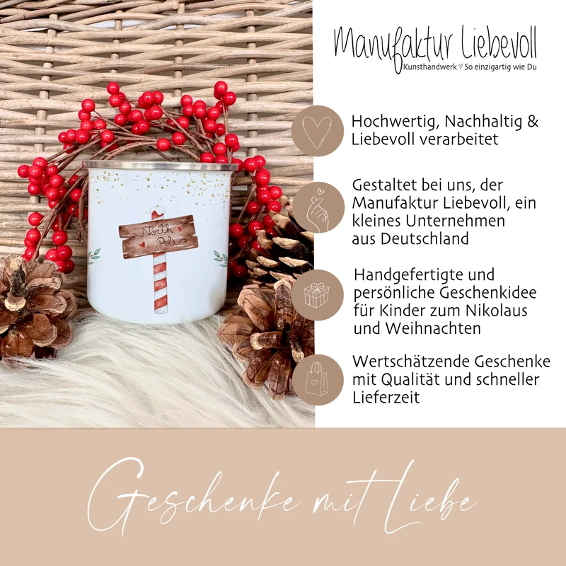 Kinder Weihnachtstasse "Erdmännchen" | Tasse mit Namen personalisiert | Kinderbecher aus Emaille mit Weihnachtsmotiv | Weihnachtsgeschenk Nikolaus für Mädchen Jungen Teenager | 7 Produktvarianten zur Auswahl