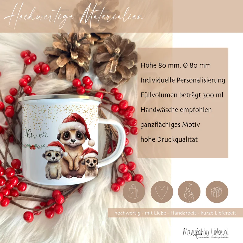 Kinder Weihnachtstasse "Erdmännchen" | Tasse mit Namen personalisiert | Kinderbecher aus Emaille mit Weihnachtsmotiv | Weihnachtsgeschenk Nikolaus für Mädchen Jungen Teenager | 7 Produktvarianten zur Auswahl