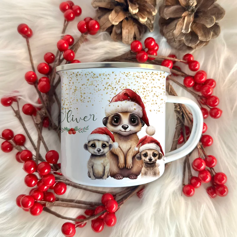 Kinder Weihnachtstasse "Erdmännchen" | Tasse mit Namen personalisiert | Kinderbecher aus Emaille mit Weihnachtsmotiv | Weihnachtsgeschenk Nikolaus für Mädchen Jungen Teenager | 7 Produktvarianten zur Auswahl