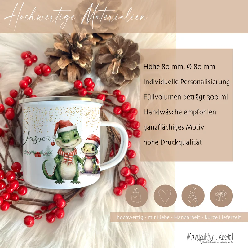 Kinder Weihnachtstasse "Dino" | Tasse mit Namen personalisiert | Kinderbecher aus Emaille mit Weihnachtsmotiv | Weihnachtsgeschenk Nikolaus für Mädchen Jungen | 7 Produktvarianten zur Auswahl