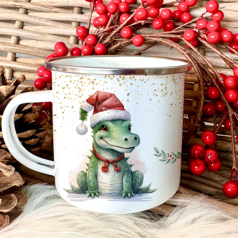 Kinder Weihnachtstasse "Dino" | Tasse mit Namen personalisiert | Kinderbecher aus Emaille mit Weihnachtsmotiv | Weihnachtsgeschenk Nikolaus für Mädchen Jungen | 7 Produktvarianten zur Auswahl