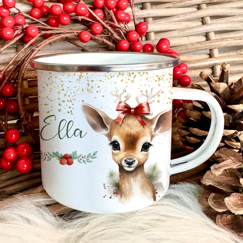Kinder Weihnachtstasse "Dino" | Tasse mit Namen personalisiert | Kinderbecher aus Emaille mit Weihnachtsmotiv | Weihnachtsgeschenk Nikolaus für Mädchen Jungen | 7 Produktvarianten zur Auswahl