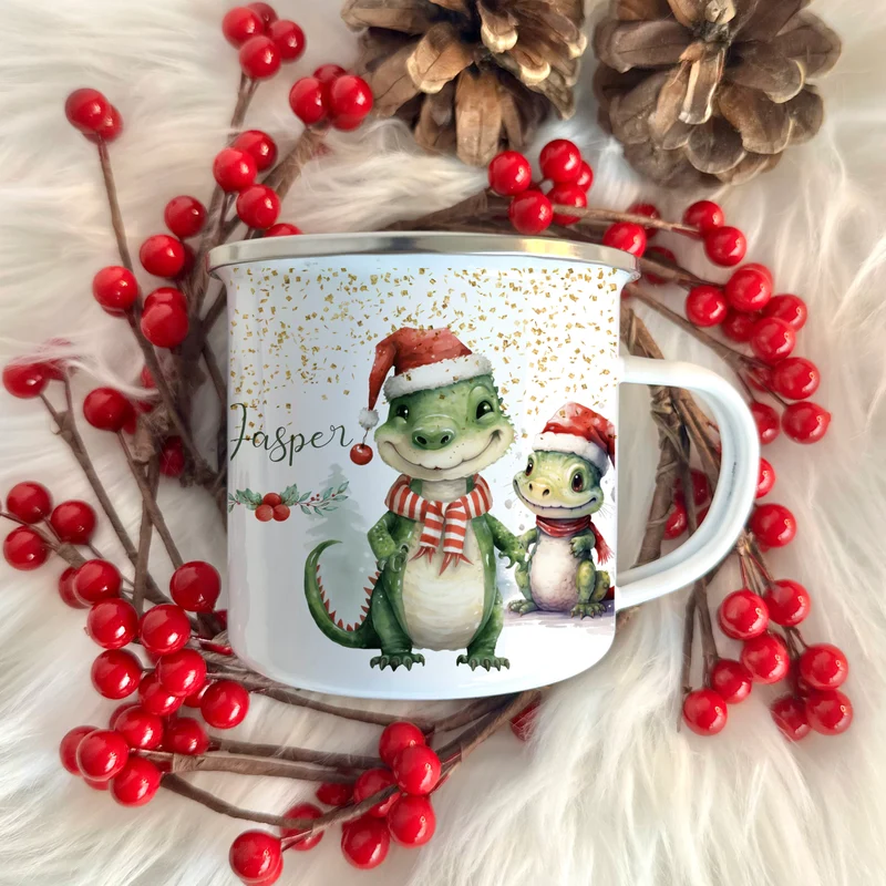 Kinder Weihnachtstasse "Dino" | Tasse mit Namen personalisiert | Kinderbecher aus Emaille mit Weihnachtsmotiv | Weihnachtsgeschenk Nikolaus für Mädchen Jungen | 7 Produktvarianten zur Auswahl