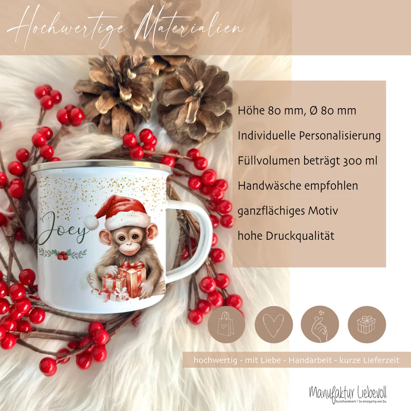 Weihnachtstasse "Affe" für Kinder | Tasse mit Namen personalisiert | Kinderbecher aus Emaille mit Weihnachtsmotiv | Weihnachtsgeschenk Nikolaus für Mädchen Jungen Teenager | 7 Produktvarianten zur Auswahl