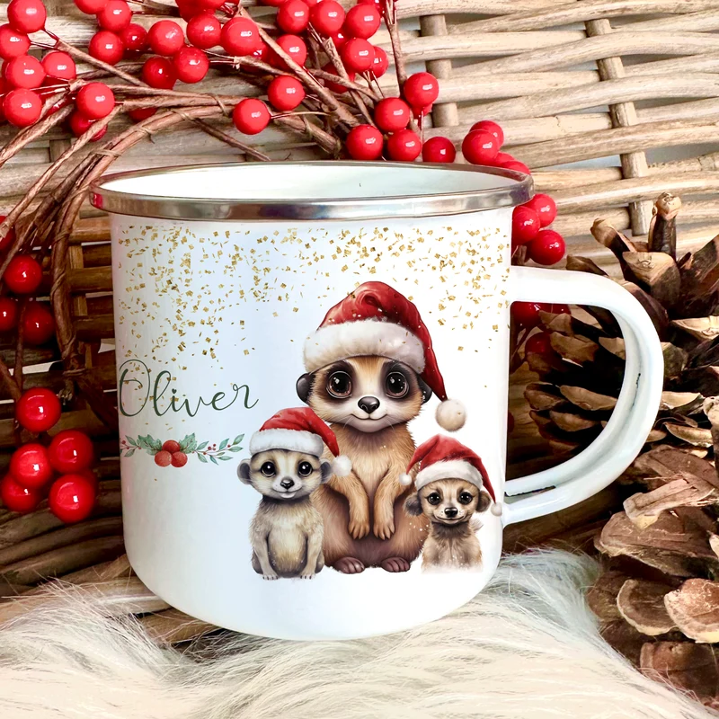Weihnachtstasse "Affe" für Kinder | Tasse mit Namen personalisiert | Kinderbecher aus Emaille mit Weihnachtsmotiv | Weihnachtsgeschenk Nikolaus für Mädchen Jungen Teenager | 7 Produktvarianten zur Auswahl