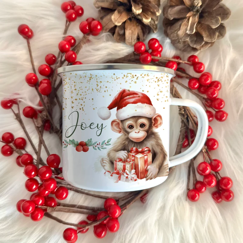 Weihnachtstasse "Affe" für Kinder | Tasse mit Namen personalisiert | Kinderbecher aus Emaille mit Weihnachtsmotiv | Weihnachtsgeschenk Nikolaus für Mädchen Jungen Teenager | 7 Produktvarianten zur Auswahl