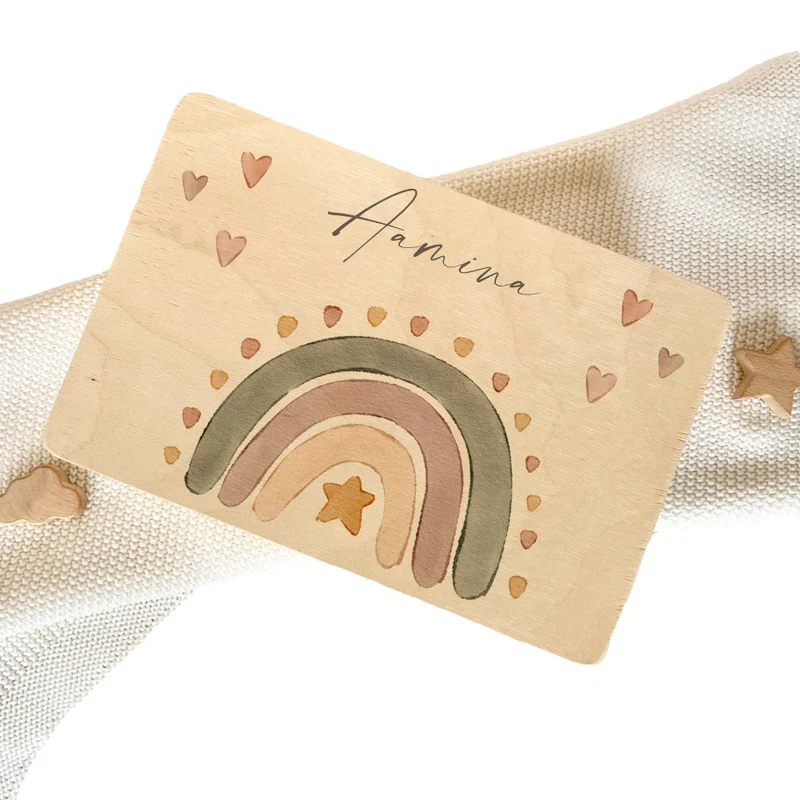 Personalisierte Erinnerungsbox aus Holz, Regenbogen Holzkiste mit Namen
