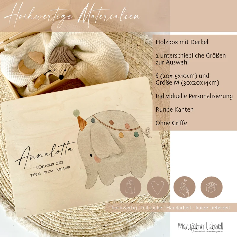 Personalisierte Erinnerungsbox für Babys, Holzkiste mit Deckel, Namen u. Geburtsdaten | Motiv: Elefant