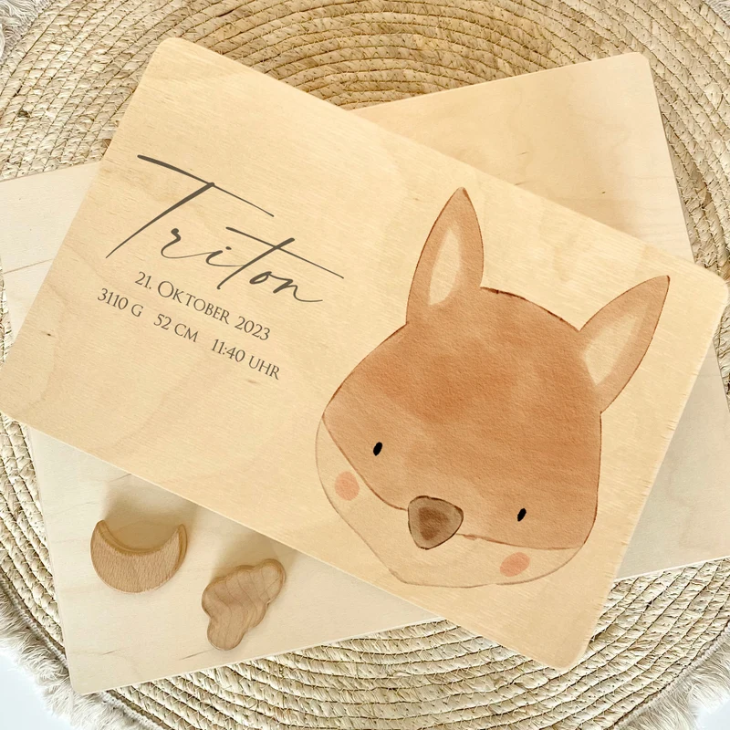 Personalisierte Erinnerungskiste für Babys, Holzbox mit Deckel, Namen u. Geburtsdaten | Motiv: Fuchs