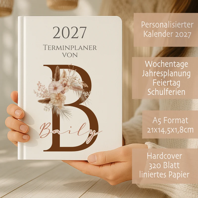 Personaliserter Buchkalender 2027 Din A5 | Hardcover Terminplaner mit Name | Wochenplaner Weiß