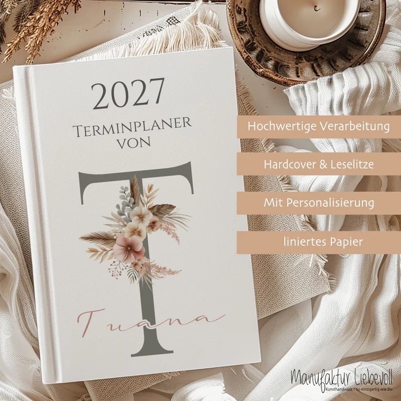 Personaliserter Buchkalender 2027 Din A5 | Hardcover Terminplaner mit Name | Wochenplaner Weiß